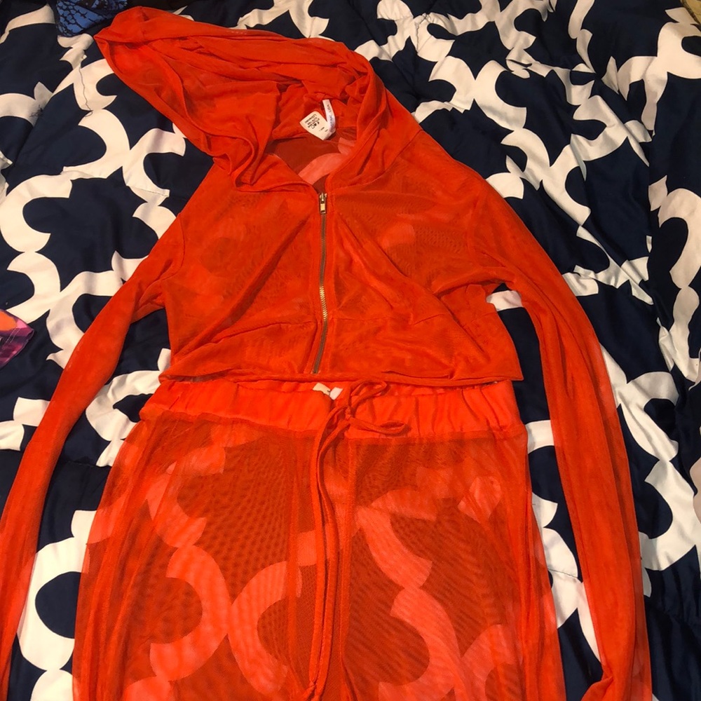 Two Piece Mesh Orange Swim Pant Cover Up
